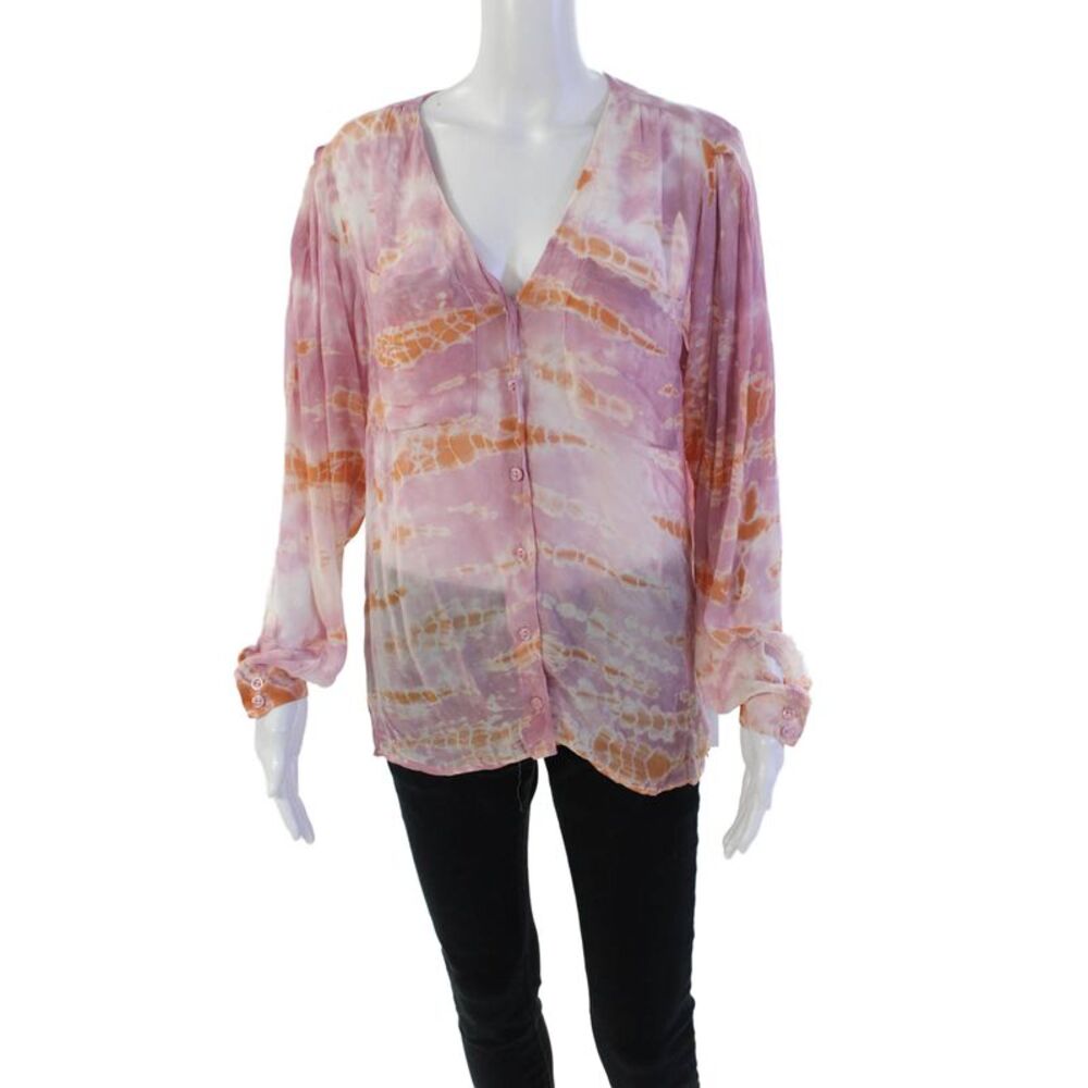 YFB Womens Long Sleeve V Neck Tie Dyed Blouse Top Purple Orange Size Large